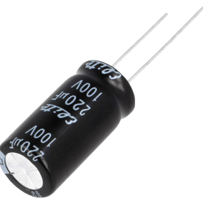 Condensador eletrolítico preto com texto branco e terminais metálicos