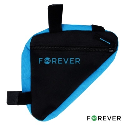 Bolsa triangular para bicicleta azul e preta com fecho e texto FOREVER