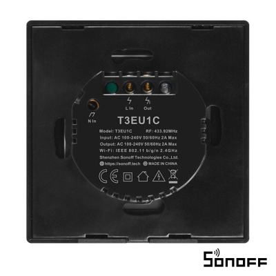 Controlador Sonoff T3EU1C preto para parede com conexões e informações técnicas visíveis