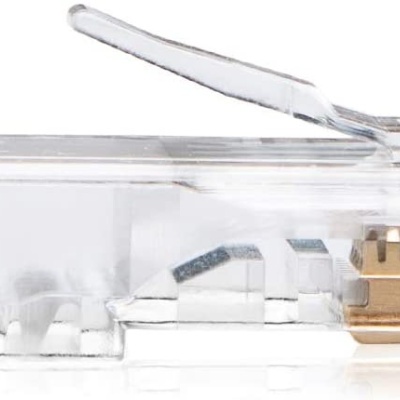 Conector RJ45 transparente para cabos de rede com contatos dourados