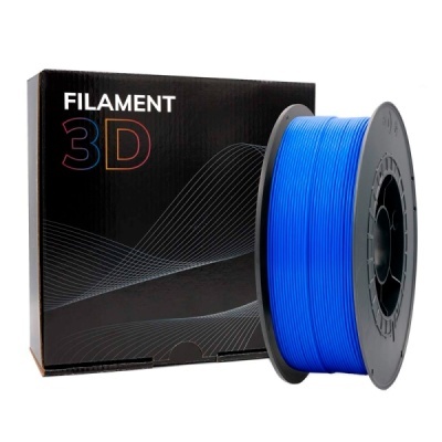 Filamento 3D azul em carretel preto com embalagem preta ao fundo