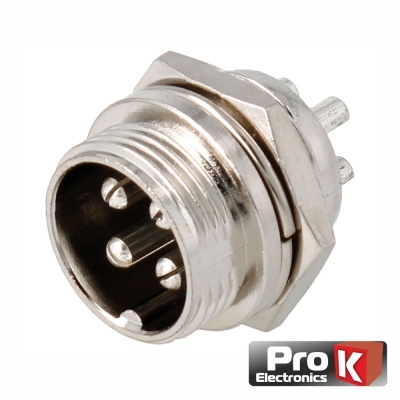 Conector circular metálico com três pinos e anel de fixação hexagonal