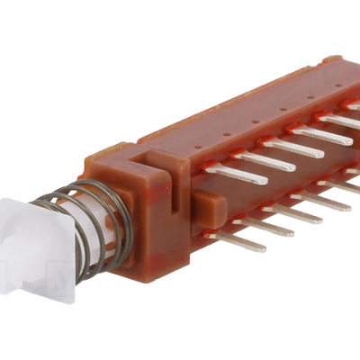 Interruptor deslizante com mola, pinos metálicos e botão branco