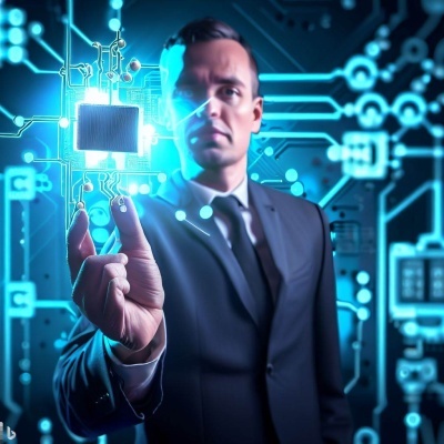 homem a segurar um microchip com circuitos eletrónicos ao fundo