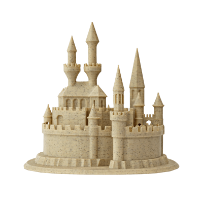 Miniatura de castelo medieval em material bege com manchas pequenas castanhas