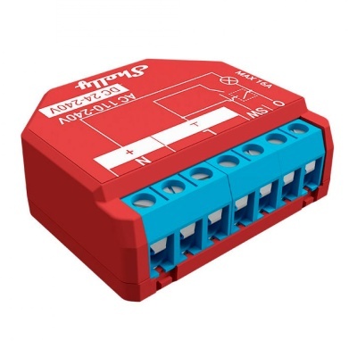 Módulo elétrico vermelho com terminais azuis e texto branco