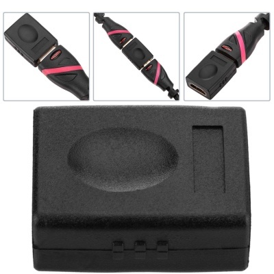 Cabo USB preto com detalhes rosa e caixa preta texturizada