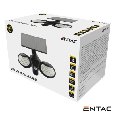 Caixa do produto LED Solar Wall Light da marca ENTAC, com painel solar e duas lâmpadas LED circulares