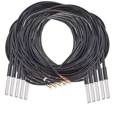 Dez sensores de temperatura com cabos pretos e termistores metálicos.