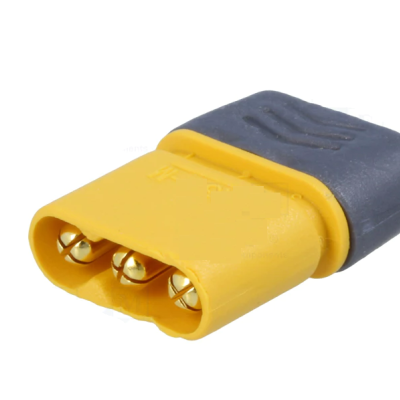 Conector elétrico amarelo e cinza com três pinos dourados