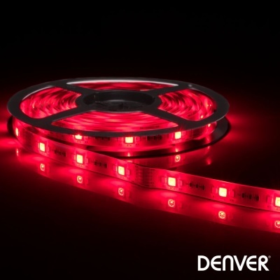 Rolo de fita LED vermelha iluminada no suporte preto com texto DENVER