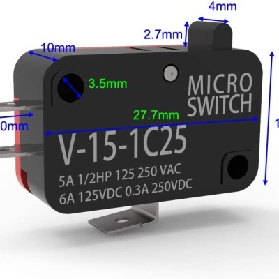 Interruptor micro preto com texto e dimensões em milímetros