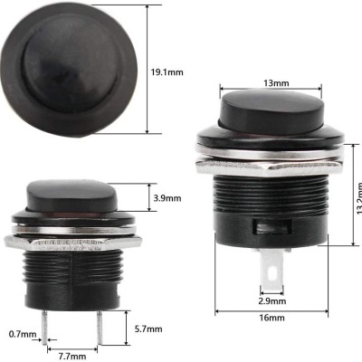 Botão preto redondo de pressão com medições em milímetros