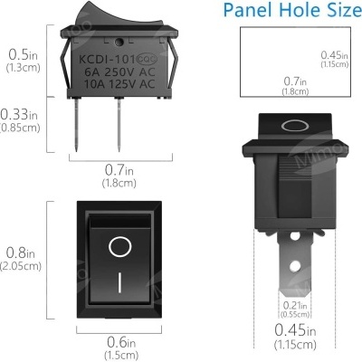 Interruptor elétrico preto com símbolos I/O e medidas detalhadas