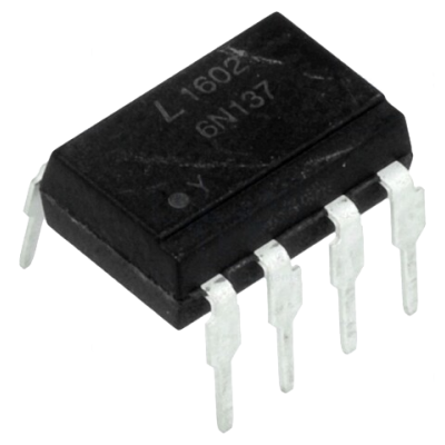 Componente eletrónico preto de 8 pinos com texto L1602 6N137