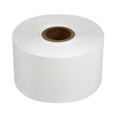 Rolo grande de etiquetas térmicas brancas com núcleo castanho