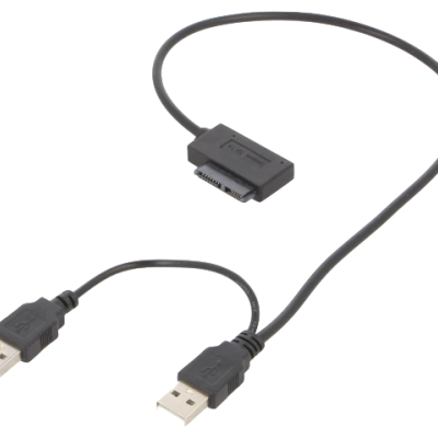 Cabo USB preto com ficha dupla USB e conector ASUS.