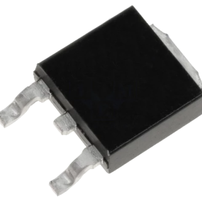 Componente eletrónico preto retangular com três terminais metálicos