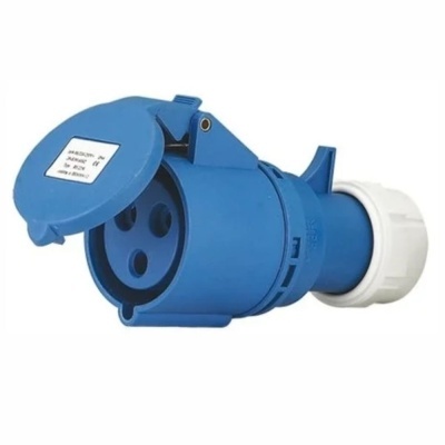 Tomada industrial azul com tampa aberta