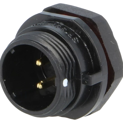 Conector circular preto com três pinos metálicos dourados e anel de rosca.