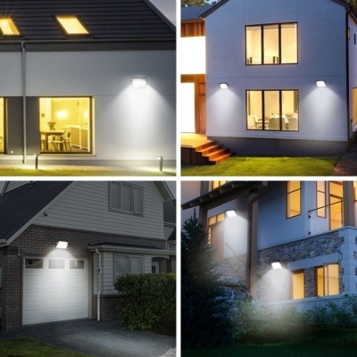Luzes de segurança LED a iluminar diferentes exteriores de casas durante a noite