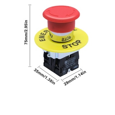 Botão de paragem de emergência vermelho com disco amarelo e texto EMERGENCY STOP