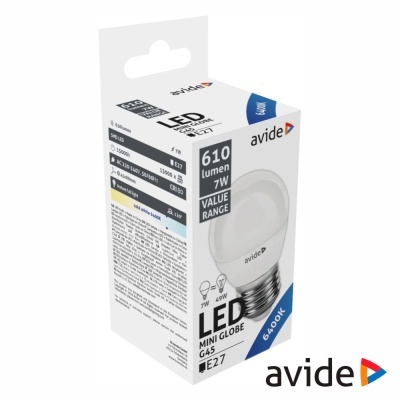 Lâmpada LED mini globe avide em embalagem branca com informação técnica