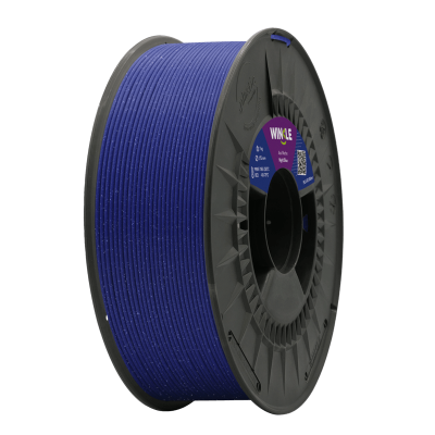 Bobine de filamento para impressora 3D azul com pontinhos brancos e etiqueta roxa