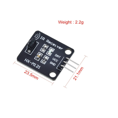 Placa eletrónica preta IR Receptor HX-M1121 com texto branco e dimensões em fundo branco