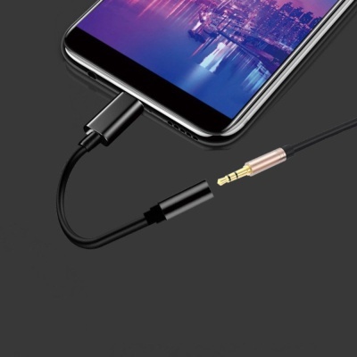 Smartphone com cabo USB-C ligado e cabo de áudio jack 3,5 mm separado