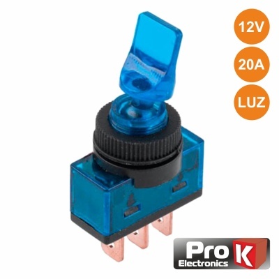 Interruptor toggle azul translúcido com base preta e três terminais metálicos, etiquetas 12V 20A LUZ
