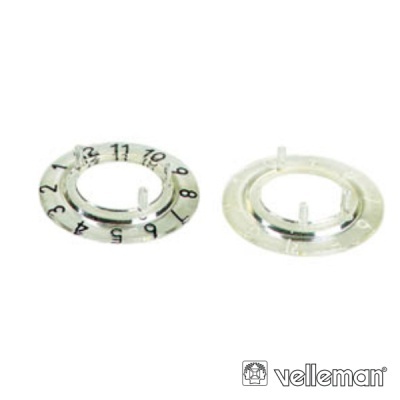 Dois anéis de plástico transparentes, um com números de 1 a 12 e logo Velleman