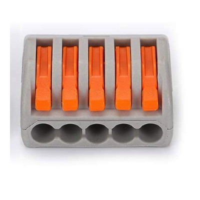 Conector elétrico cinzento com alavancas laranja