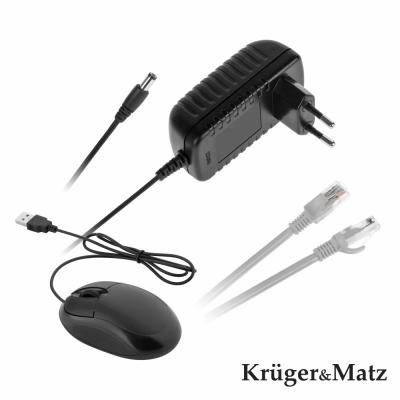 Rato de computador preto, adaptador de corrente e cabos Ethernet brancos em fundo branco com texto Krüger&Matz