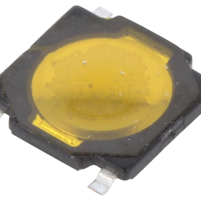 Componente eletrónico preto com película amarela e contactos metálicos