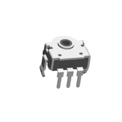 Componente eletrónico cinzento com 5 pinos metálicos em fundo branco