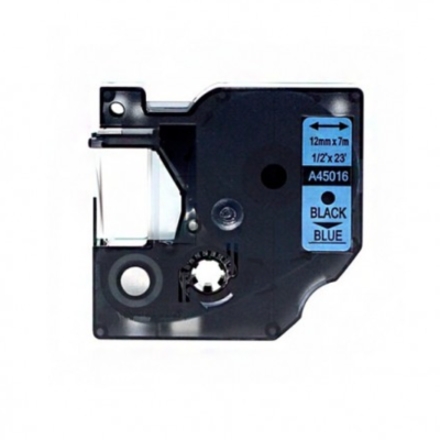 Fita para rotuladora preta e azul com texto e dimensões visíveis