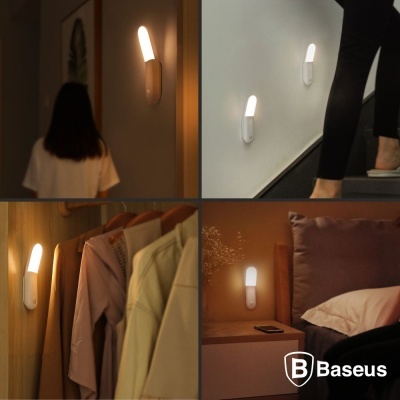 Lâmpada de parede LED branca portátil fixada em diferentes ambientes interiores com roupa e mobília à volta.
