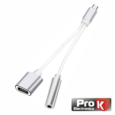 Adaptador branco USB-C para entrada 3,5 mm com logótipo Pro K Electronics