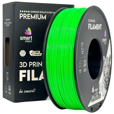 Rolo de filamento verde para impressora 3D da marca smart PRINT com caixa preta e texto informativo.