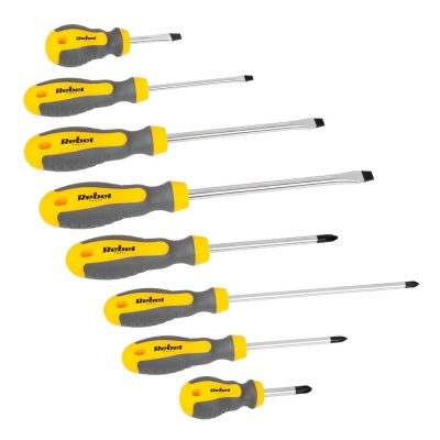 Conjunto de 8 chaves de fendas amarelas e cinzentas com texto Rolsen