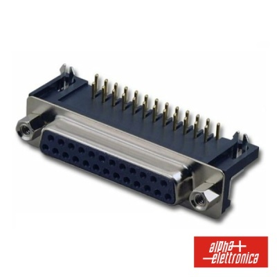 Conector DB-25 fêmea com pinos dourados e suporte preto