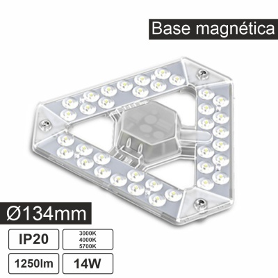 Luminária LED triangular transparente com base magnética e especificações técnicas visíveis