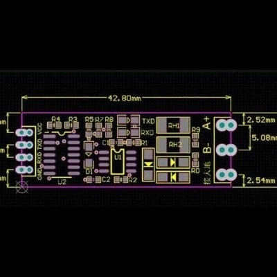 Placa eletrónica preta com componentes e medidas em milímetros