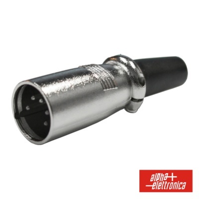 Conector XLR macho prateado com cabo preto e logotipo alpha elettronica