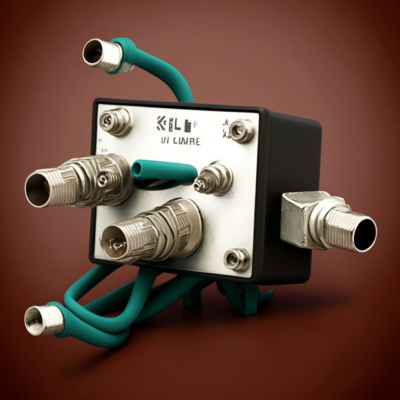 Dispositivo eletrônico com conectores metálicos e cabos azuis