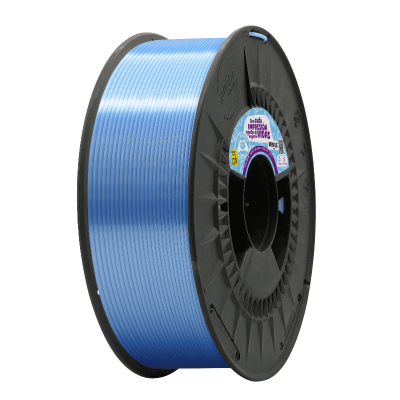 Carretel preto com fio azul fino e rótulo azul e branco