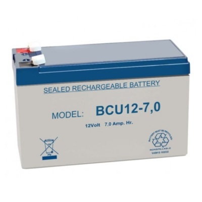 Bateria recarregável selada azul e cinza com texto e símbolos de reciclagem