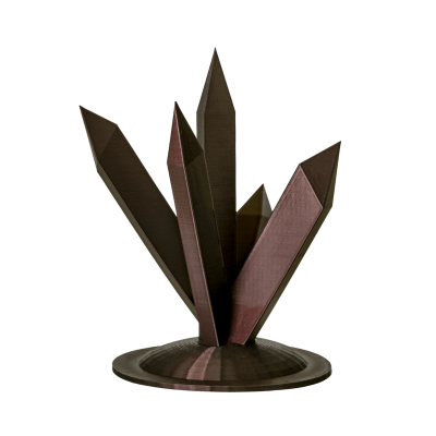 Escultura decorativa em forma de cristais castanhos metálicos numa base circular
