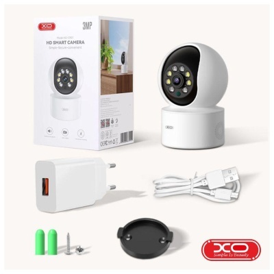 Câmara de segurança HD Smart Camera branca e preta com acessórios e embalagem